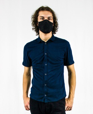 Navy Blue Suede Short Sleeve Button-up Navy Blue Suede Short Sleeve Button-up