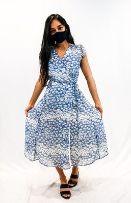 Blue and White Floral Midi Wrap Dress
