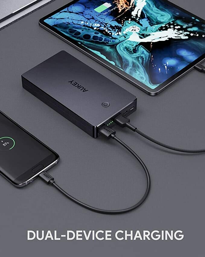 AUKEY Powerbank 20000mah, Caricabatterie Portatile 2 Ingressi, Caricatore Portatile per iPhone 11/XS/XR, iPad, Samsung, Tablet ECC. (Grigio Scuro)