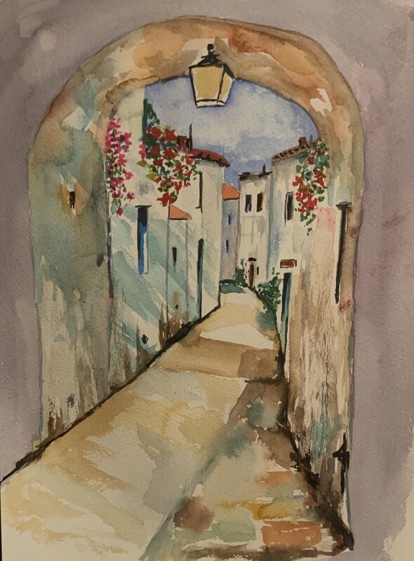 watercolor“ A Romantic walk in a lonely village”