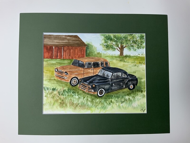 watercolor“Along the back roads” vintage automobiles