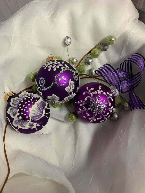 Royal purple textured ornaments, victorian style set of 3