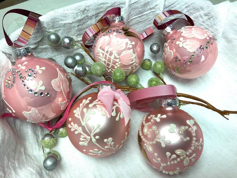 Victorian style Pink ornaments, textured, set of 5