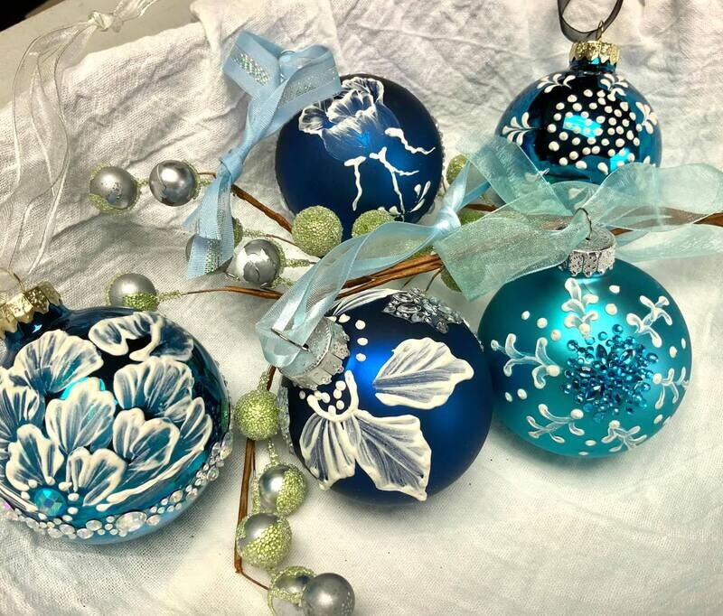 Royal Blue, textured ornaments, victorian style set of 5