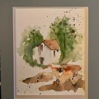 "Peaceful World" watercolor painting, lone house in the woods