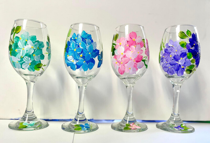 Handpainted Wine Glasses , Hydrangeas