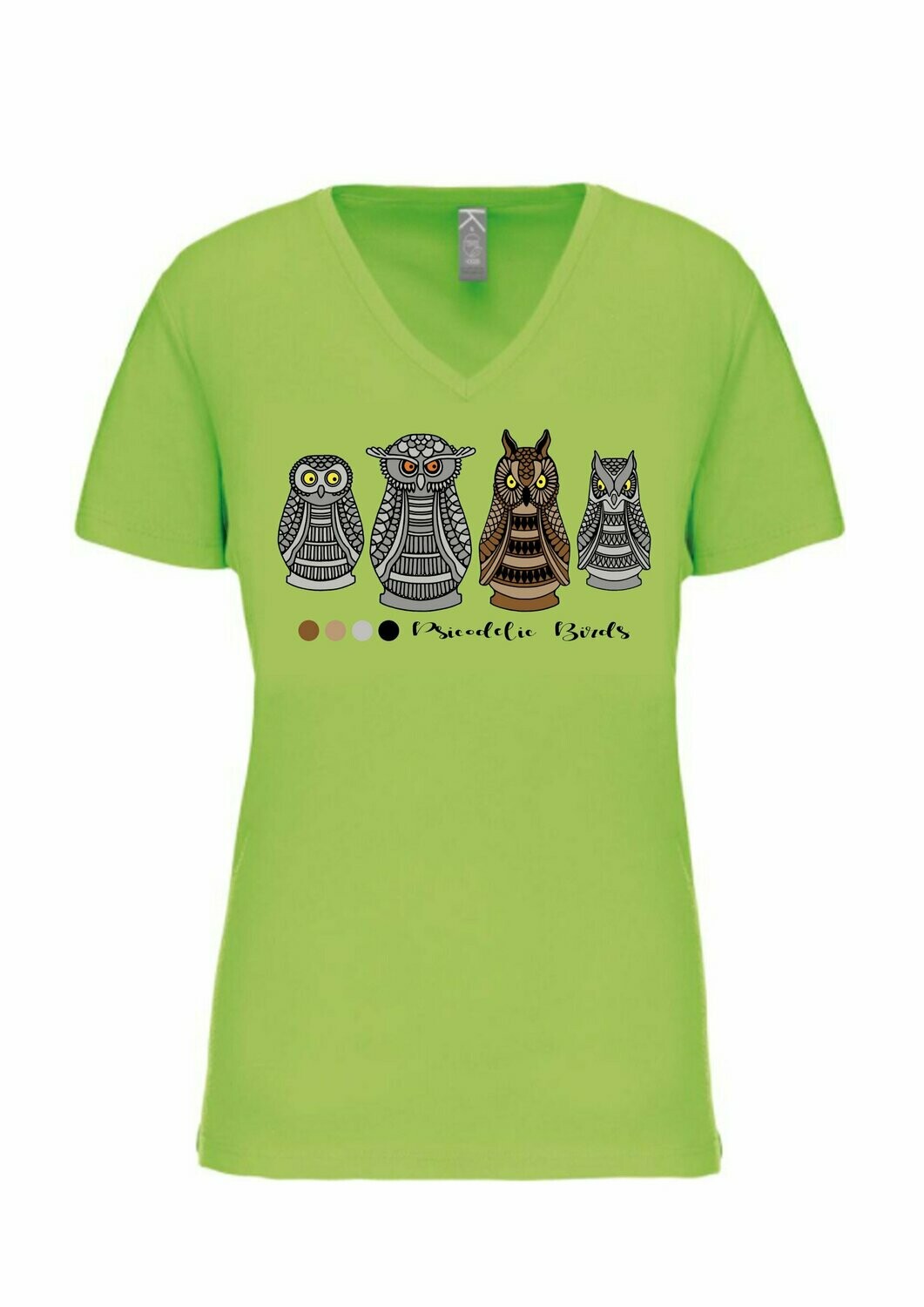 CAMISETA MANGA CORTA chica.   
Búhos (Verde lima). TALLA L