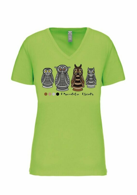 CAMISETA MANGA CORTA chica.   
Búhos (Verde lima). TALLA S