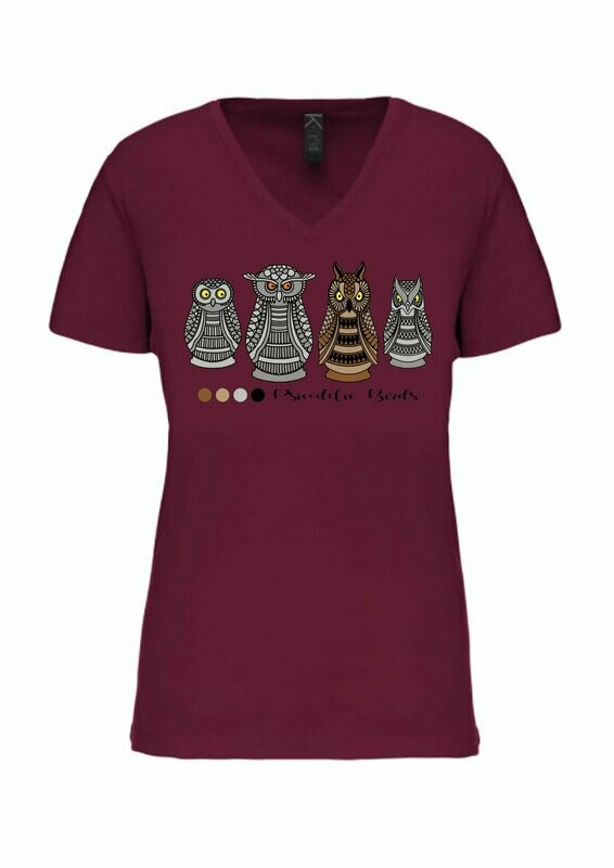 CAMISETA MANGA CORTA chica.   
Búhos (Granate). TALLA S
