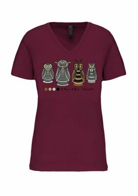CAMISETA MANGA CORTA chica.   
Búhos (Granate). TALLA L