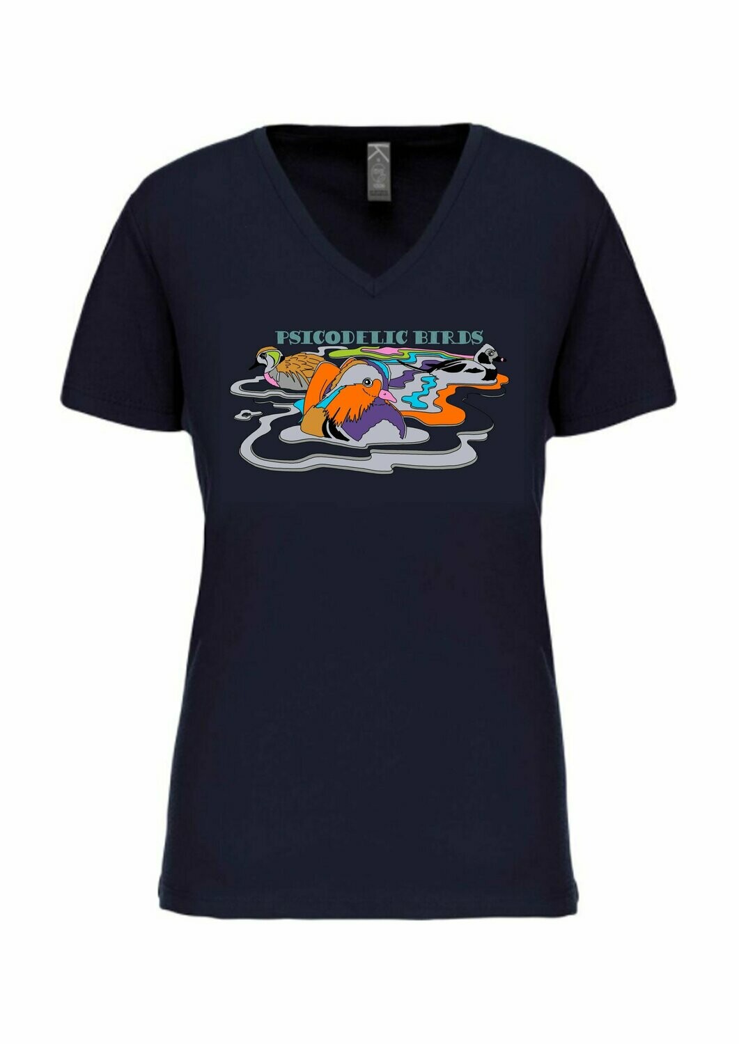 CAMISETA MANGA CORTA chica.   
Patos psicodélicos (Azul marino) TALLA M