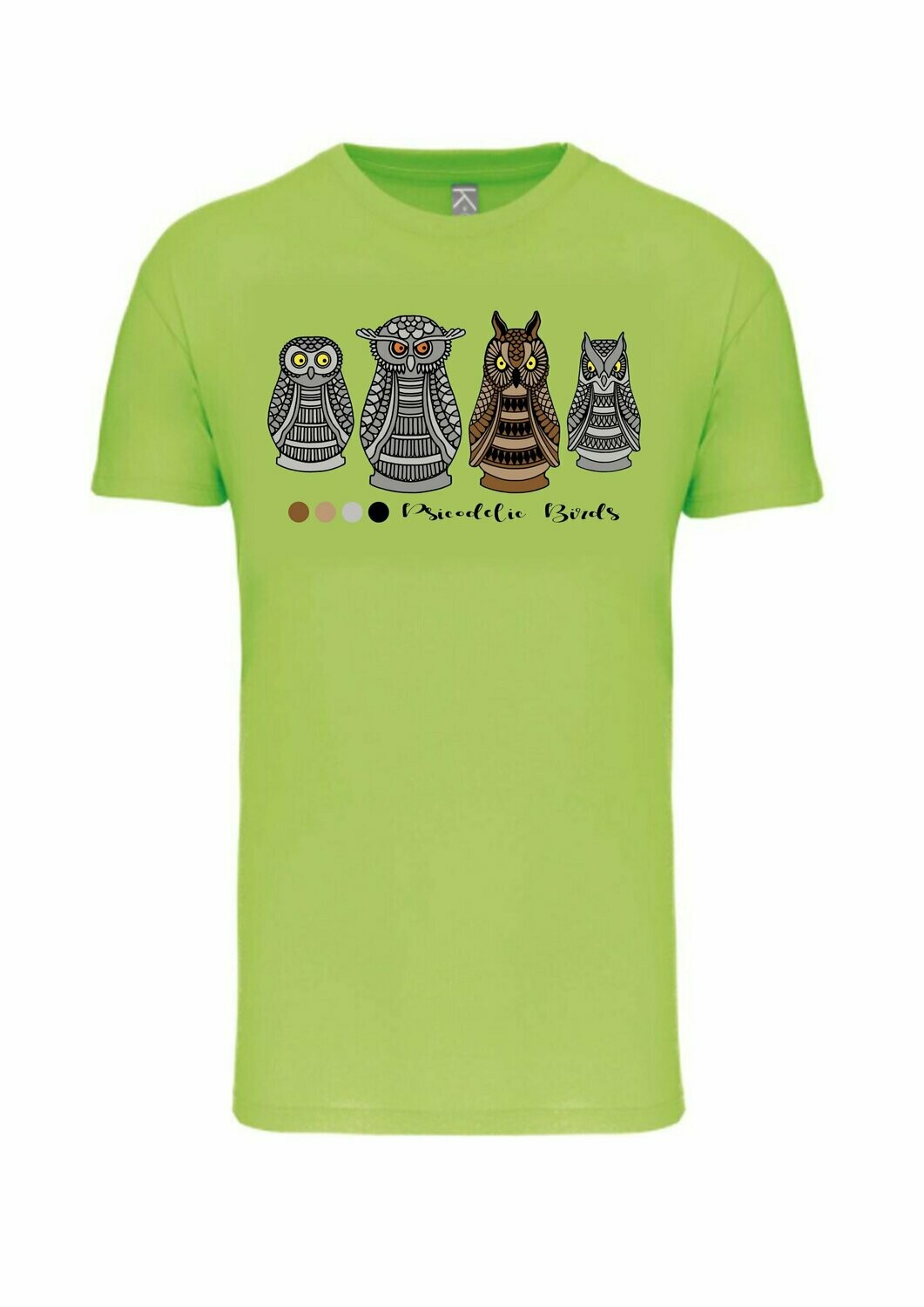 CAMISETA MANGA CORTA unisex.   
Búhos (Verde lima) TALLA L
