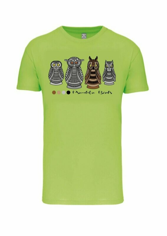 CAMISETA MANGA CORTA unisex.   
Búhos (Verde lima) TALLA S