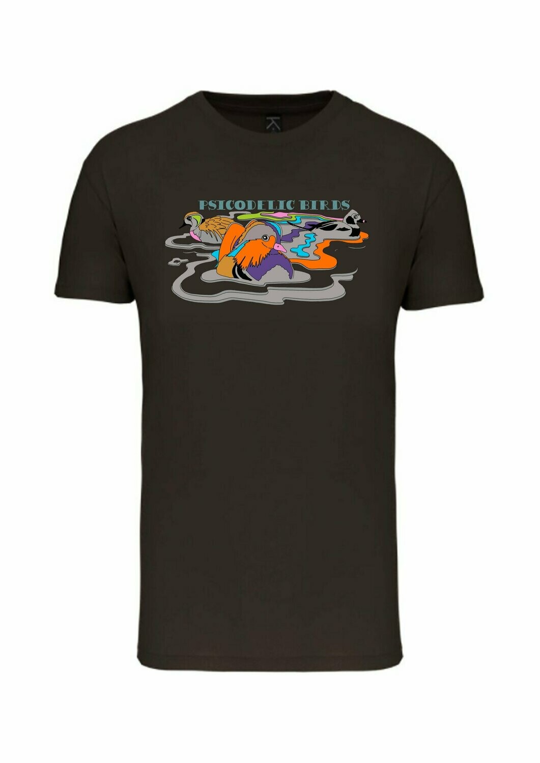CAMISETA MANGA CORTA unisex.   
Patos psicodélicos (Verde kaki) TALLA M