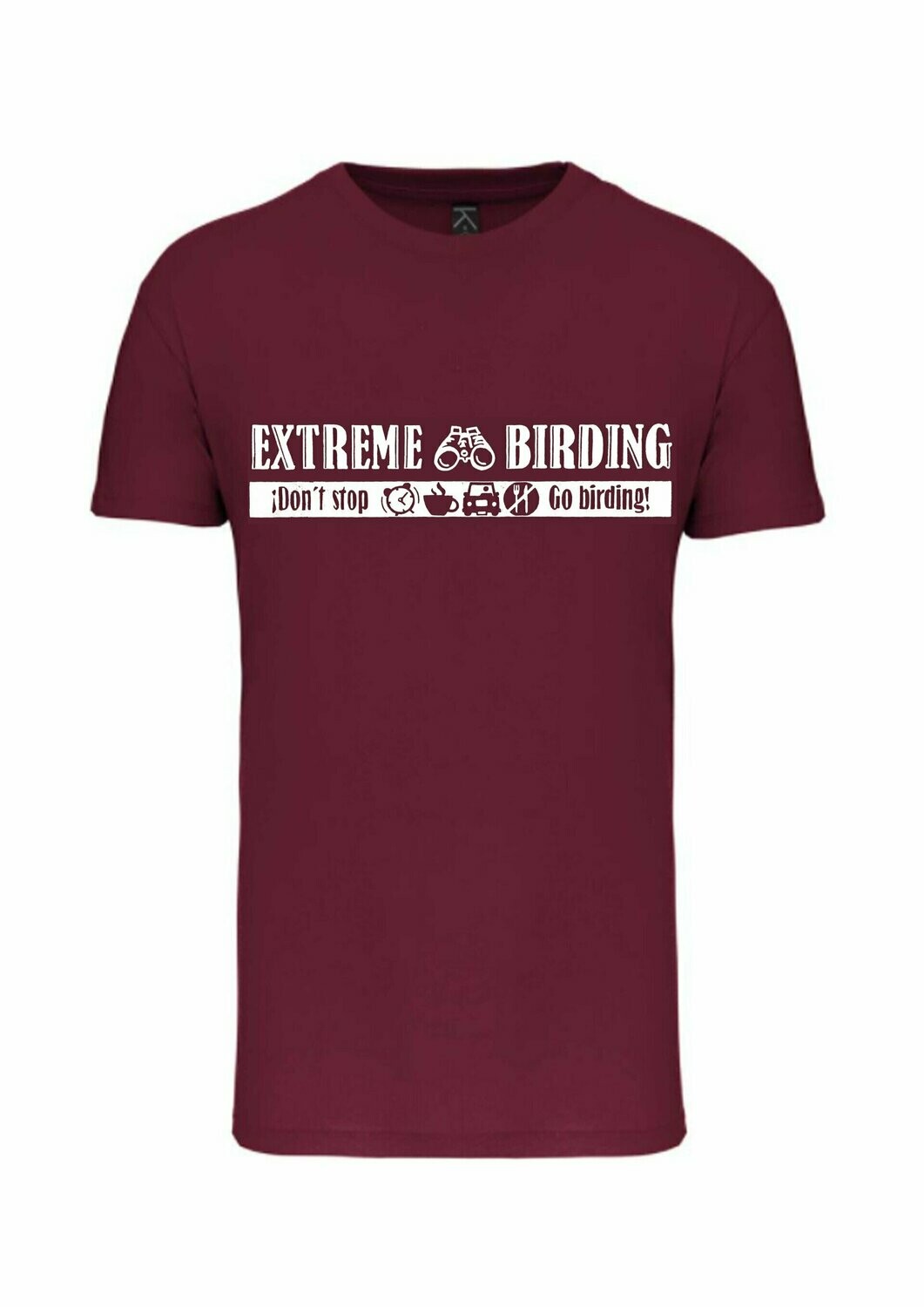 CAMISETA MANGA CORTA unisex.  
Extreme birding (Granate) TALLA M