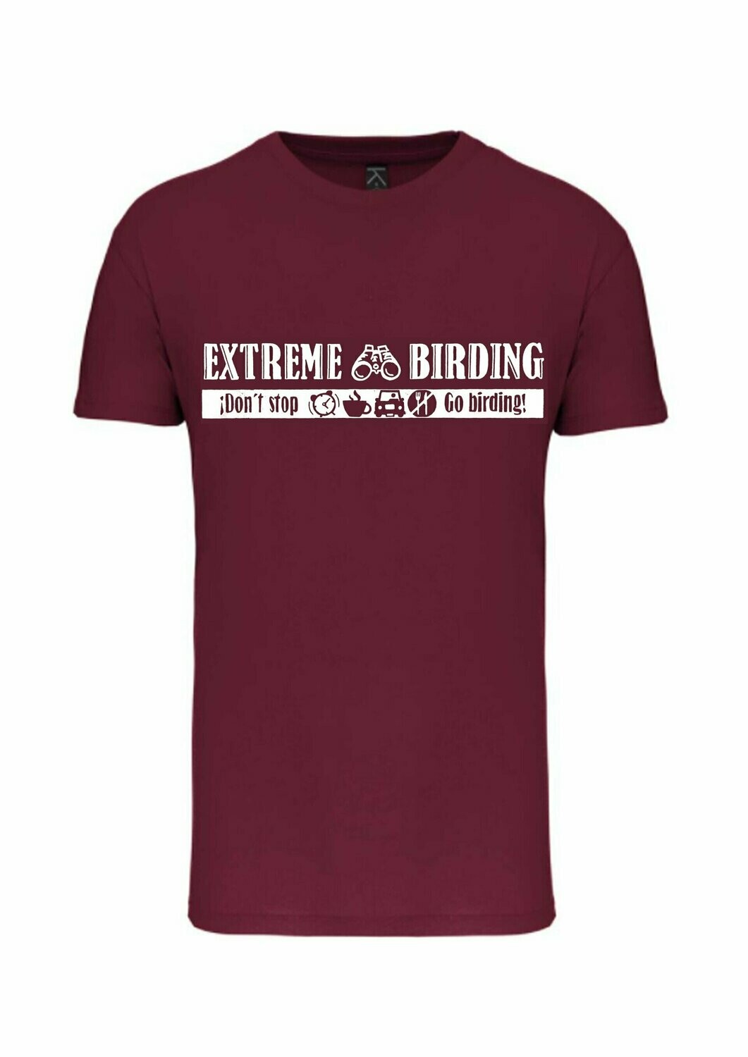 CAMISETA MANGA CORTA unisex.  
Extreme birding (Granate) TALLA L