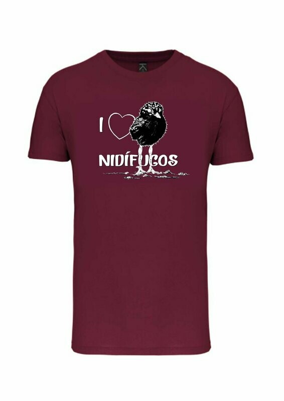 CAMISETA MANGA CORTA unisex.
I love nidífugos (Granate) TALLA S