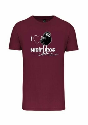 CAMISETA MANGA CORTA unisex.
I love nidífugos (Granate) TALLA S
