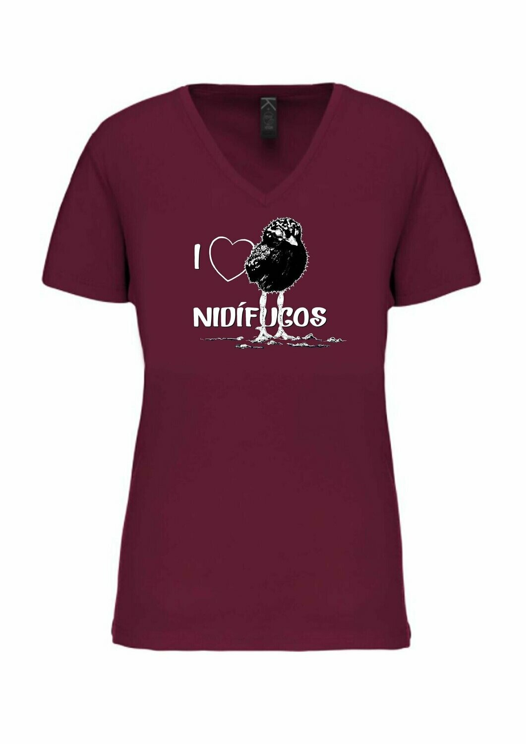 CAMISETA MANGA CORTA chica.
I love nidífugos (Granate) TALLA S