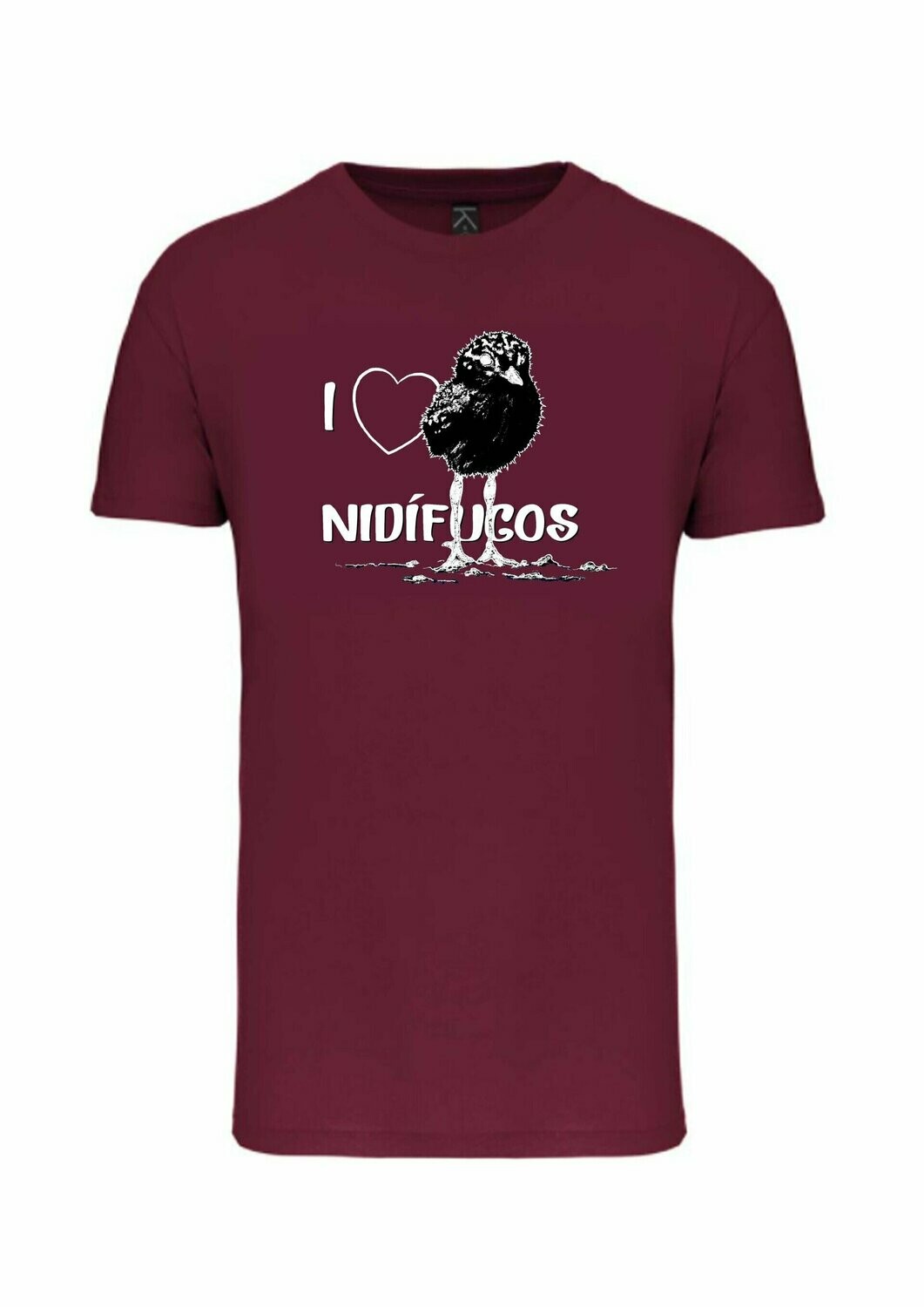 CAMISETA MANGA CORTA unisex.
I love nidífugos (Granate) TALLA L