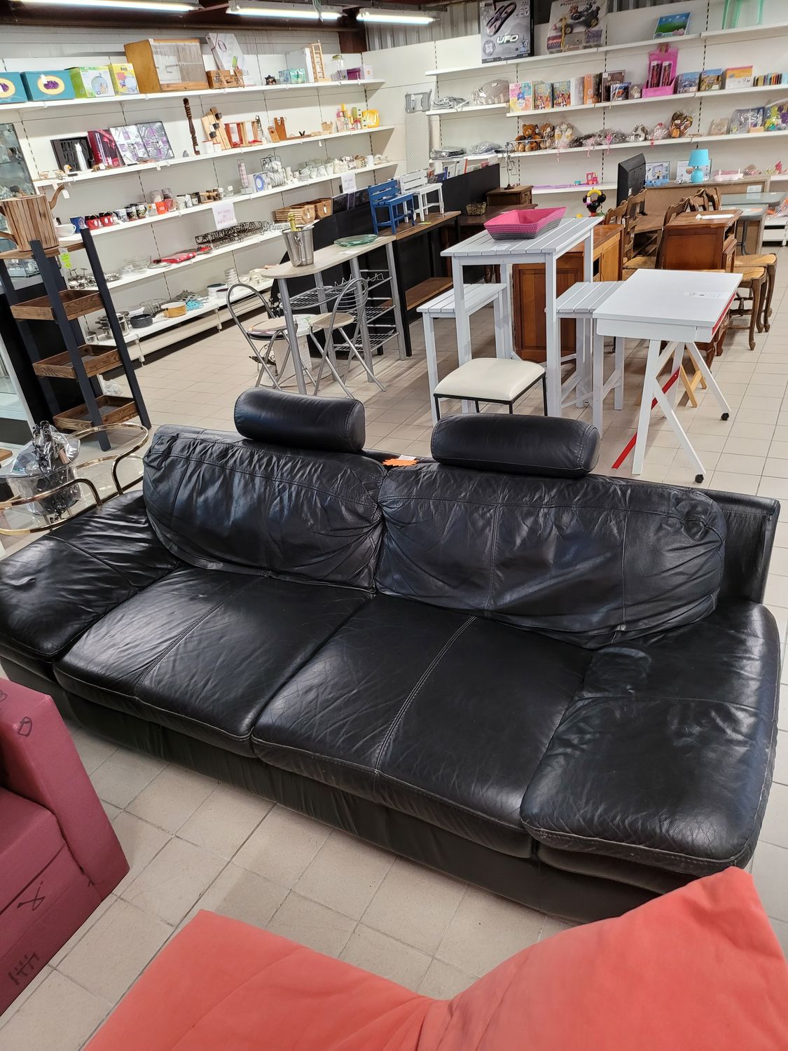 CANAPE CUIR VERITABLE NOIR 3 PLACES 220 X 100