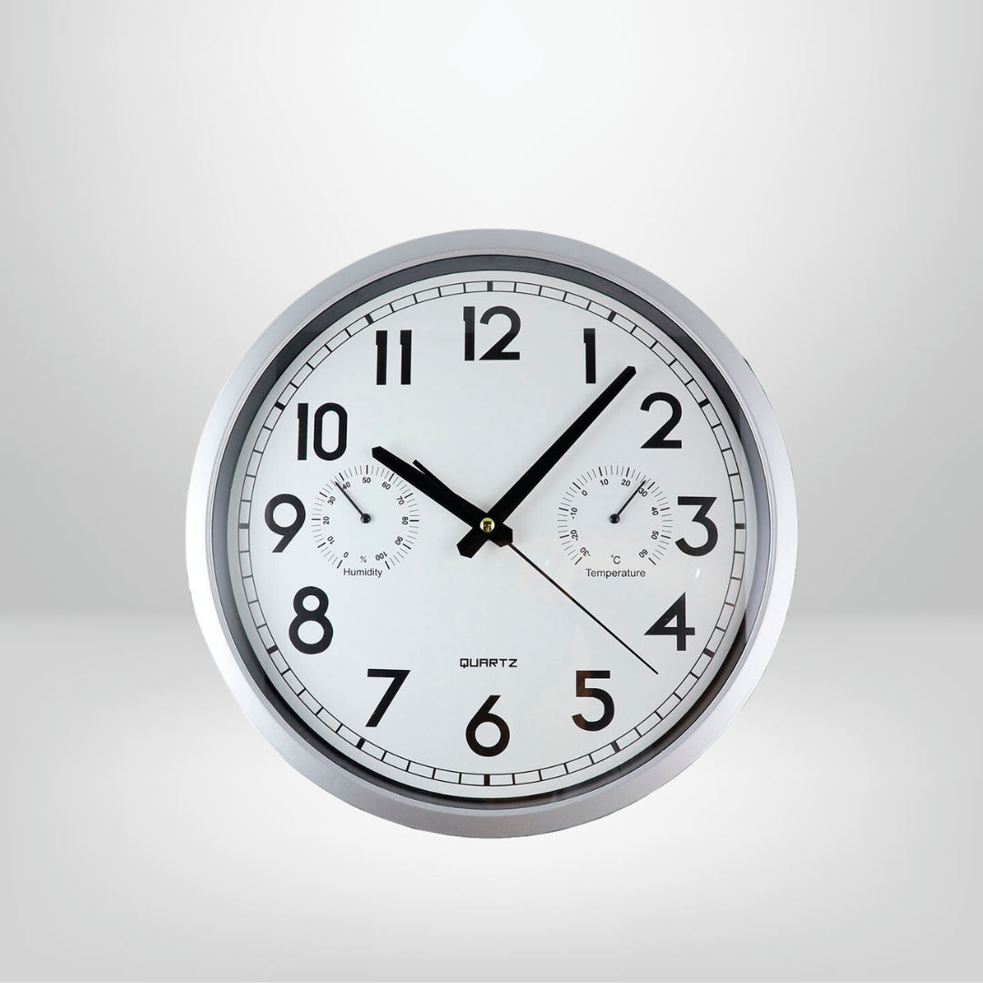 Reloj De Pared C/Hum. y Temp. Plateado/Esfera Blanca 30cm