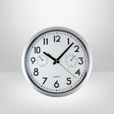 Reloj De Pared C/Hum. y Temp. Plateado/Esfera Blanca 30cm