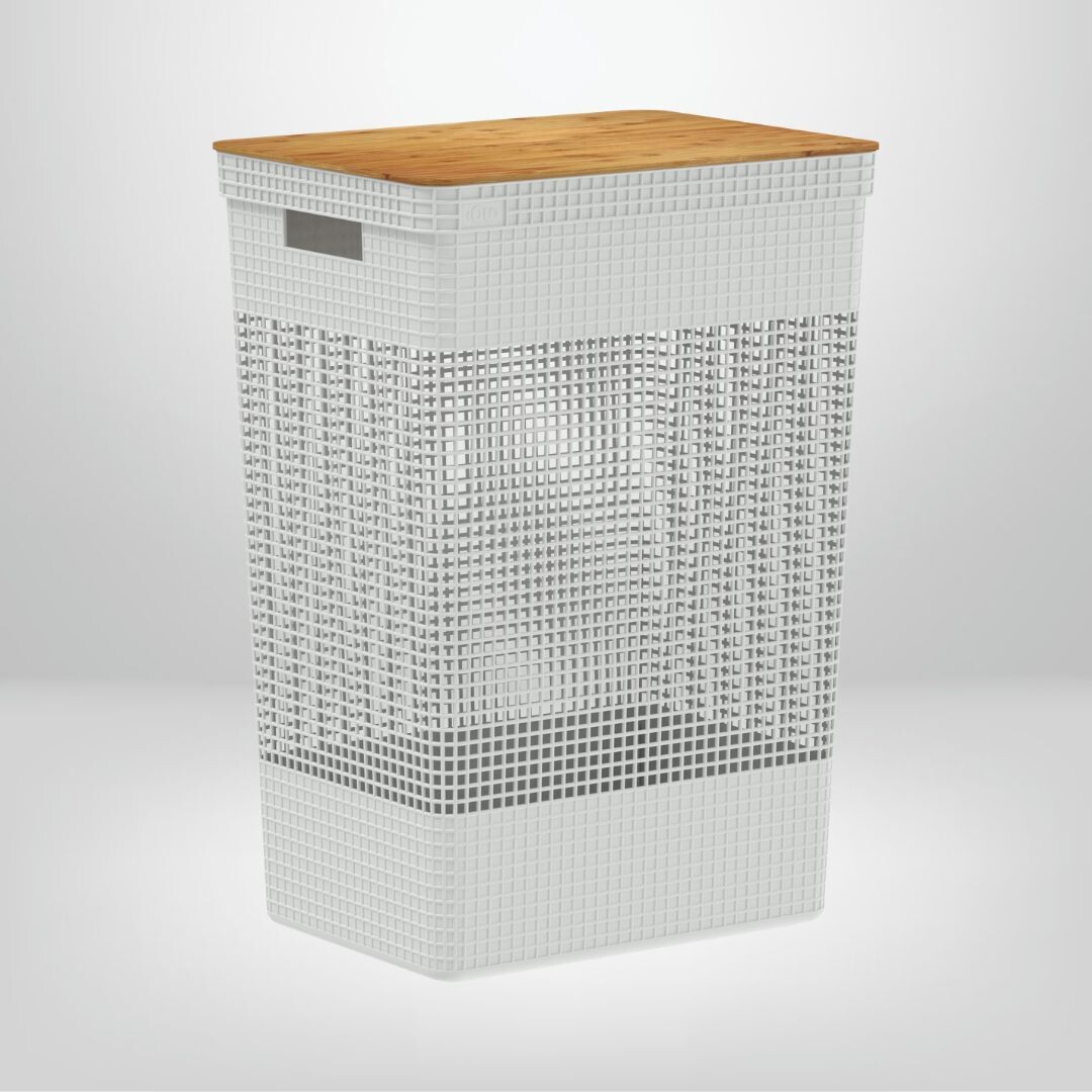 Cesto de Ropa con Tapa de Bambú 49 litros OU Grid, Color: Blanco
