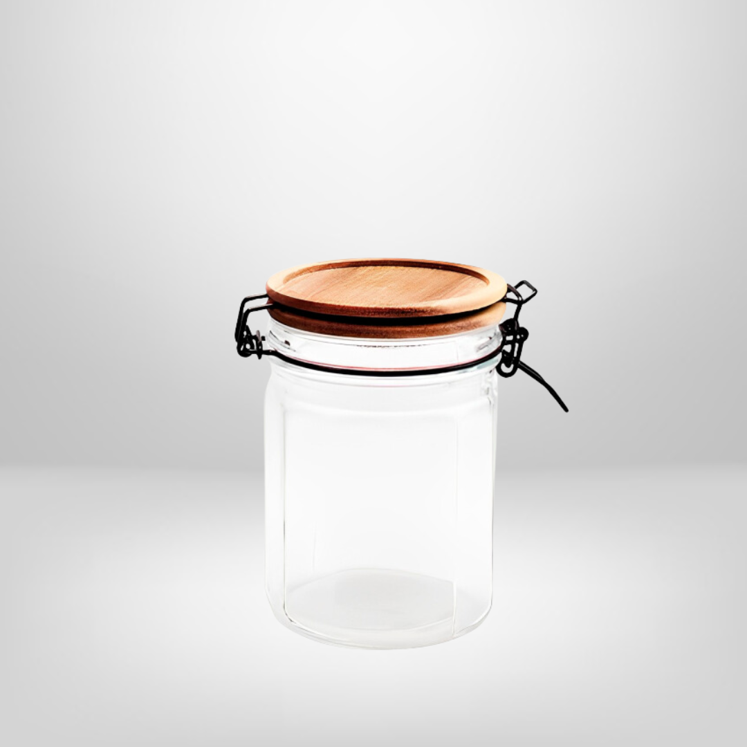 Recipiente de Vidrio Hermético c/Tapa de Madera 10x10x14 cm