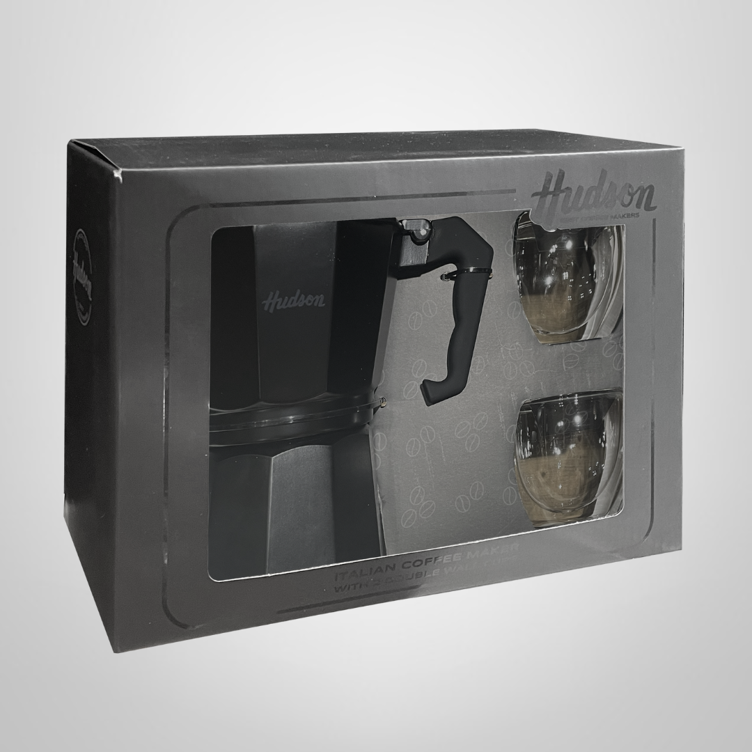 Set Cafetera Italiana 6 Tazas + 2 Vasos Doble Vidrio &quot;Total Black&quot; HUDSON
