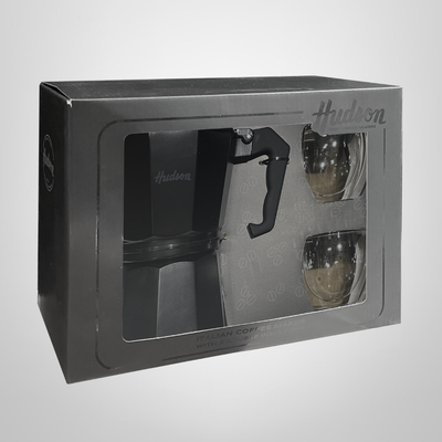 Set Cafetera Italiana 6 Tazas + 2 Vasos Doble Vidrio &quot;Total Black&quot; HUDSON