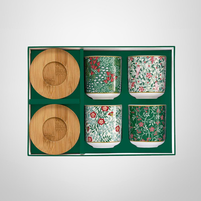 Juego de Café de Porcelana (4 Pocillos de 110ml + 4 Posa Vaso de Madera de Bambú)