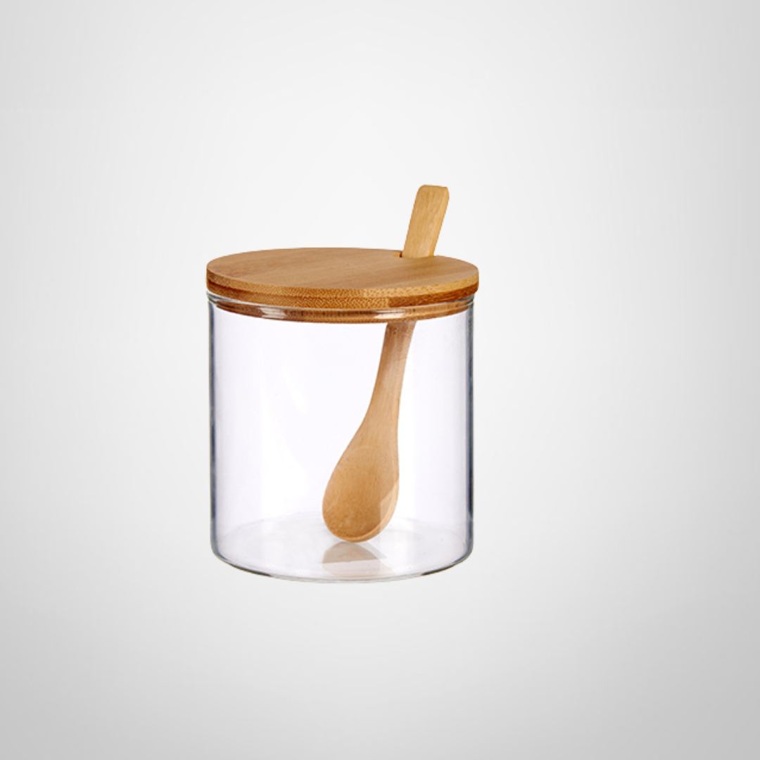 Azucarero de Vidrio c/Tapa de Bambú + Cuchara