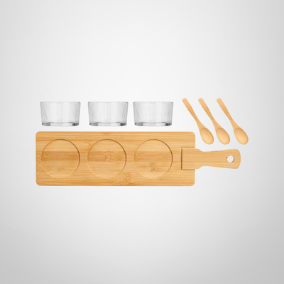 Set Copetinero de Vidrio c/Bandeja + Cucharas de Bambú