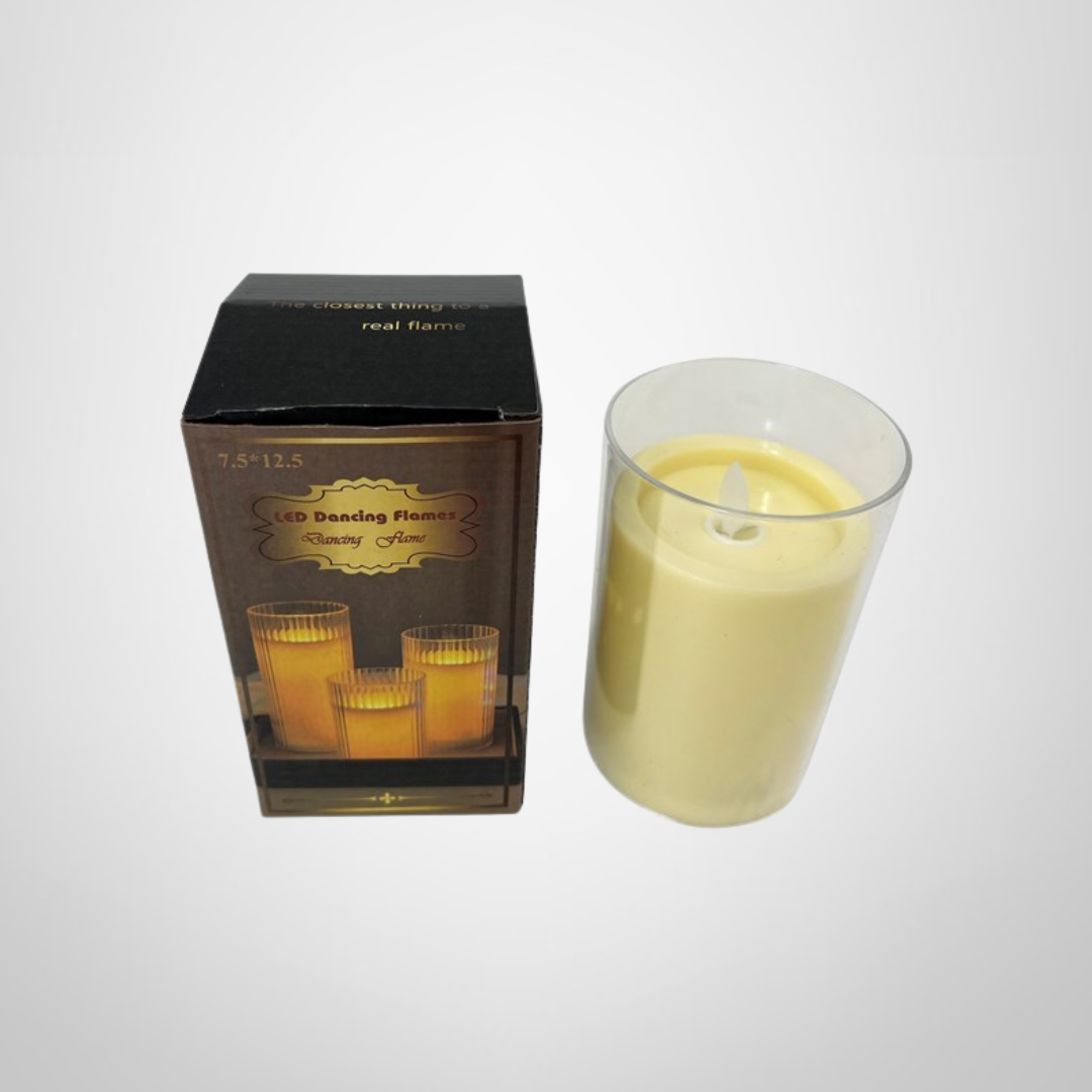 Vela Led en Vaso Transparente 3AAA en Caja 7,7x12,5cm