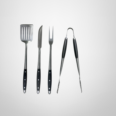 Set de Parrilla 4 Piezas de Acero Inoxidable c/Mango de Madera 44cm HUDSON