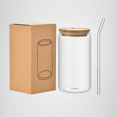 Vaso de vidrio con tapa de bambú + sorbito de vidrio