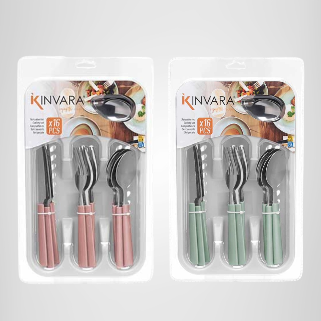 Juego de Cubiertos de Acero Inoxidable c/Mango Plastico 16 Piezas + Cubertera de Plástico