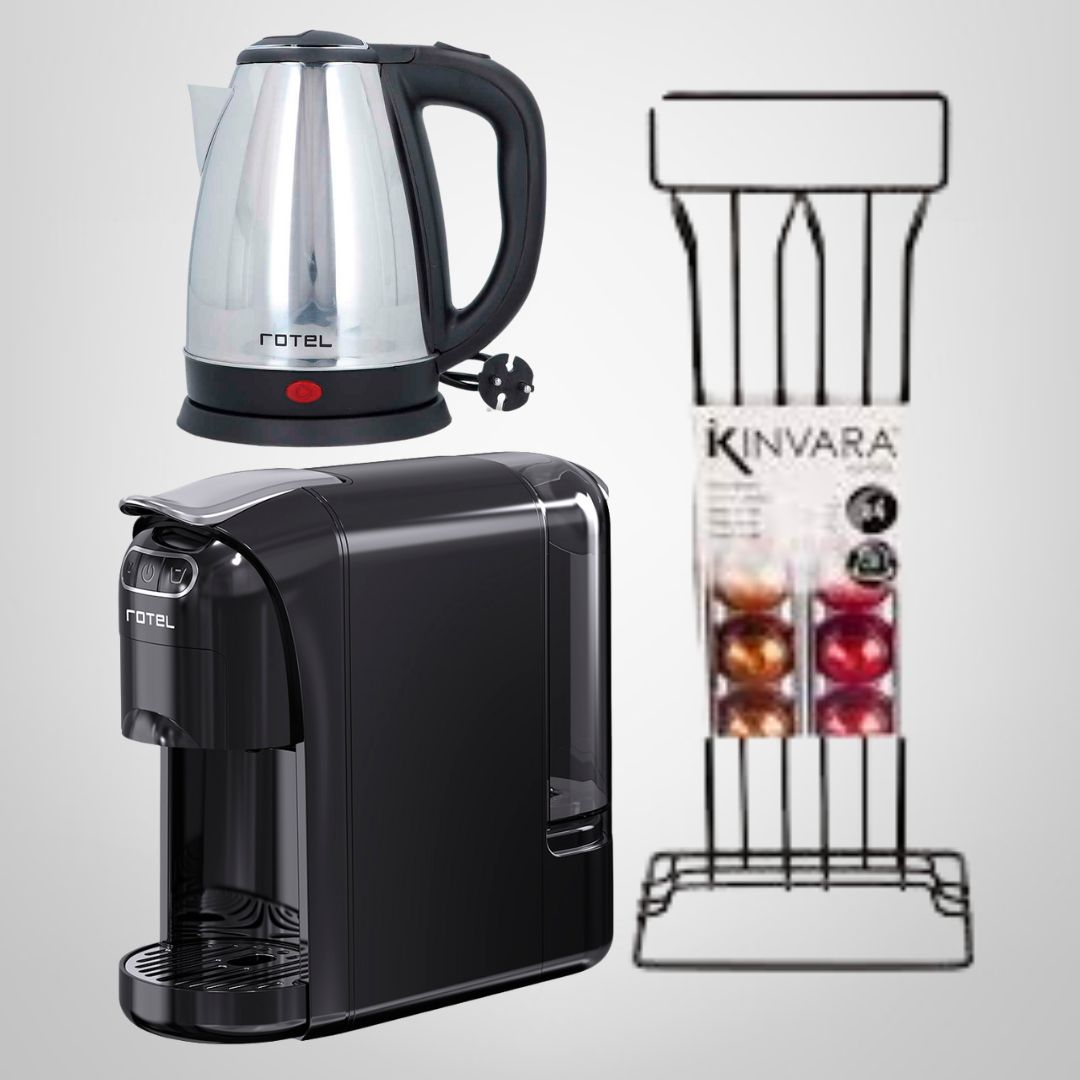 COMBO DESAYUNO PAPÁ (Cafetera Eléctrica 3 en 1 + Jarra Eléctrica de Acero Inoxidable + Porta Capsulas)