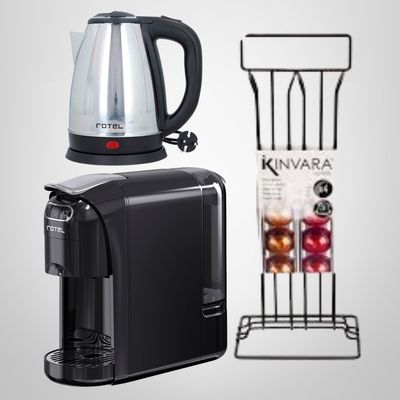COMBO DESAYUNO PAPÁ (Cafetera Eléctrica 3 en 1 + Jarra Eléctrica de Acero Inoxidable + Porta Capsulas)