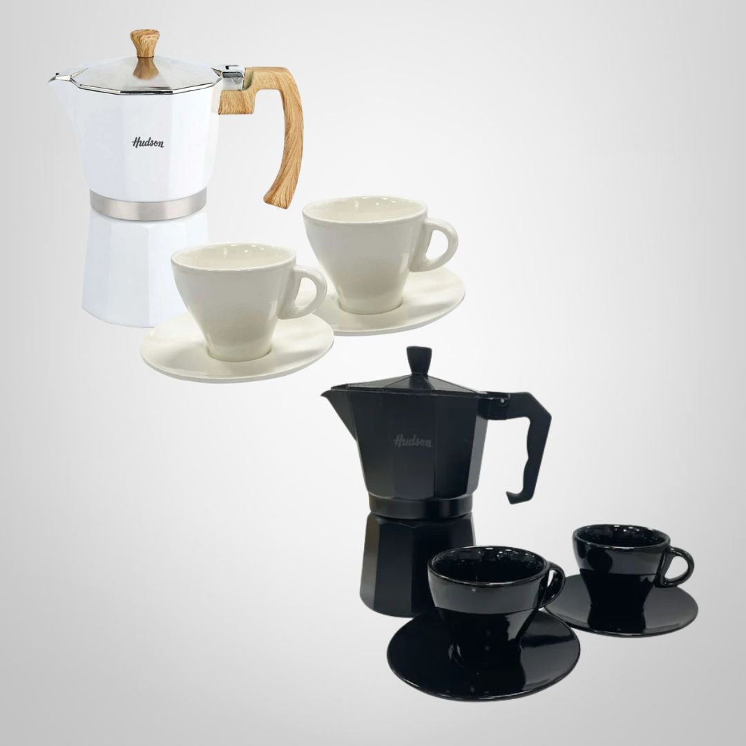 Set Cafetera Italiana 6 Tazas + 2 Pocillos de Ceramica  c/Platillo HUDSON