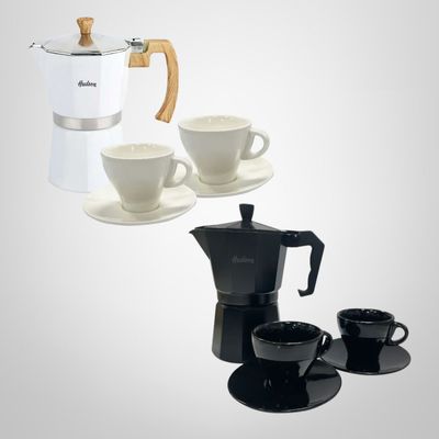 Set Cafetera Italiana 6 Tazas + 2 Pocillos de Ceramica  c/Platillo HUDSON