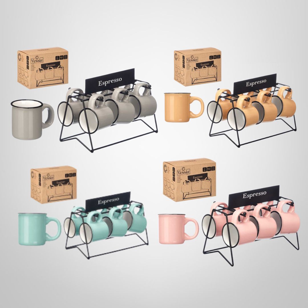 Juego de 6 Tazas de Porcelana 100ml + Soporte Negro de Metal