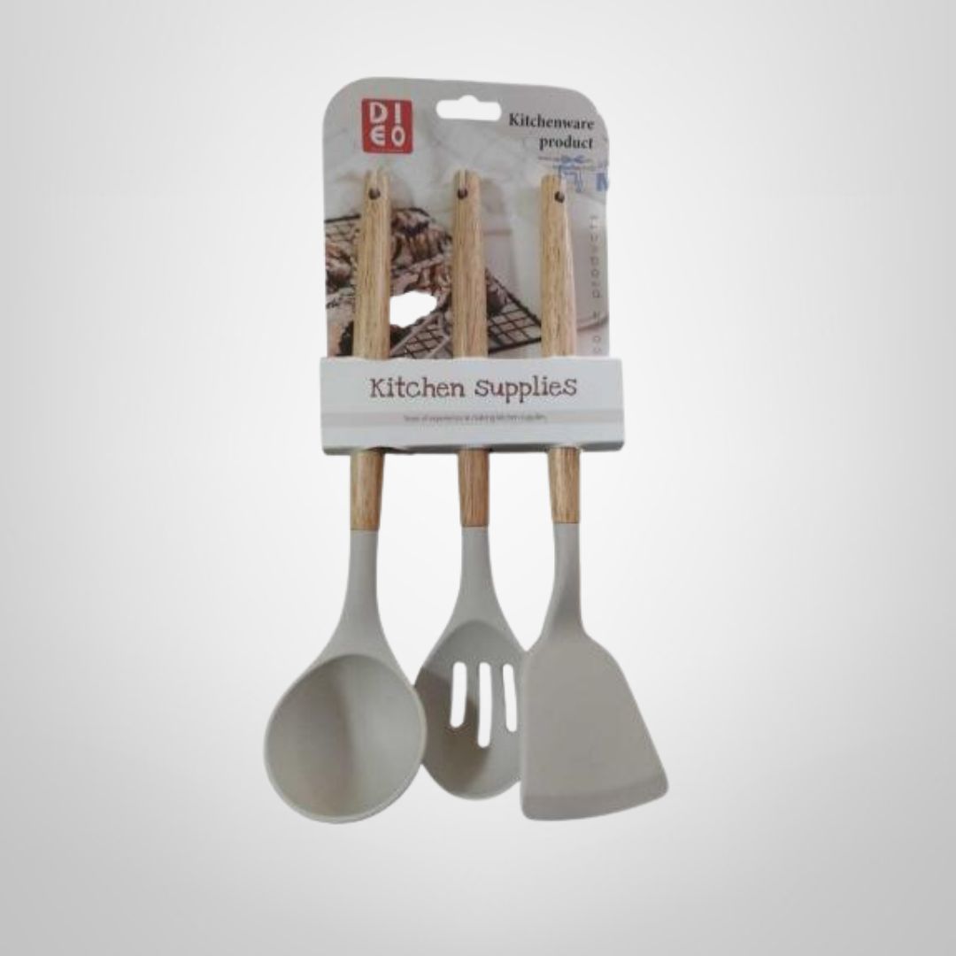Set Cucharon+ Espatula + Cuchara de Silicona c/Mangos de Madera