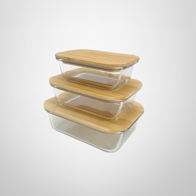 Set de 3 Recipientes de Vidrio Rectangulares c/Tapa Bambú