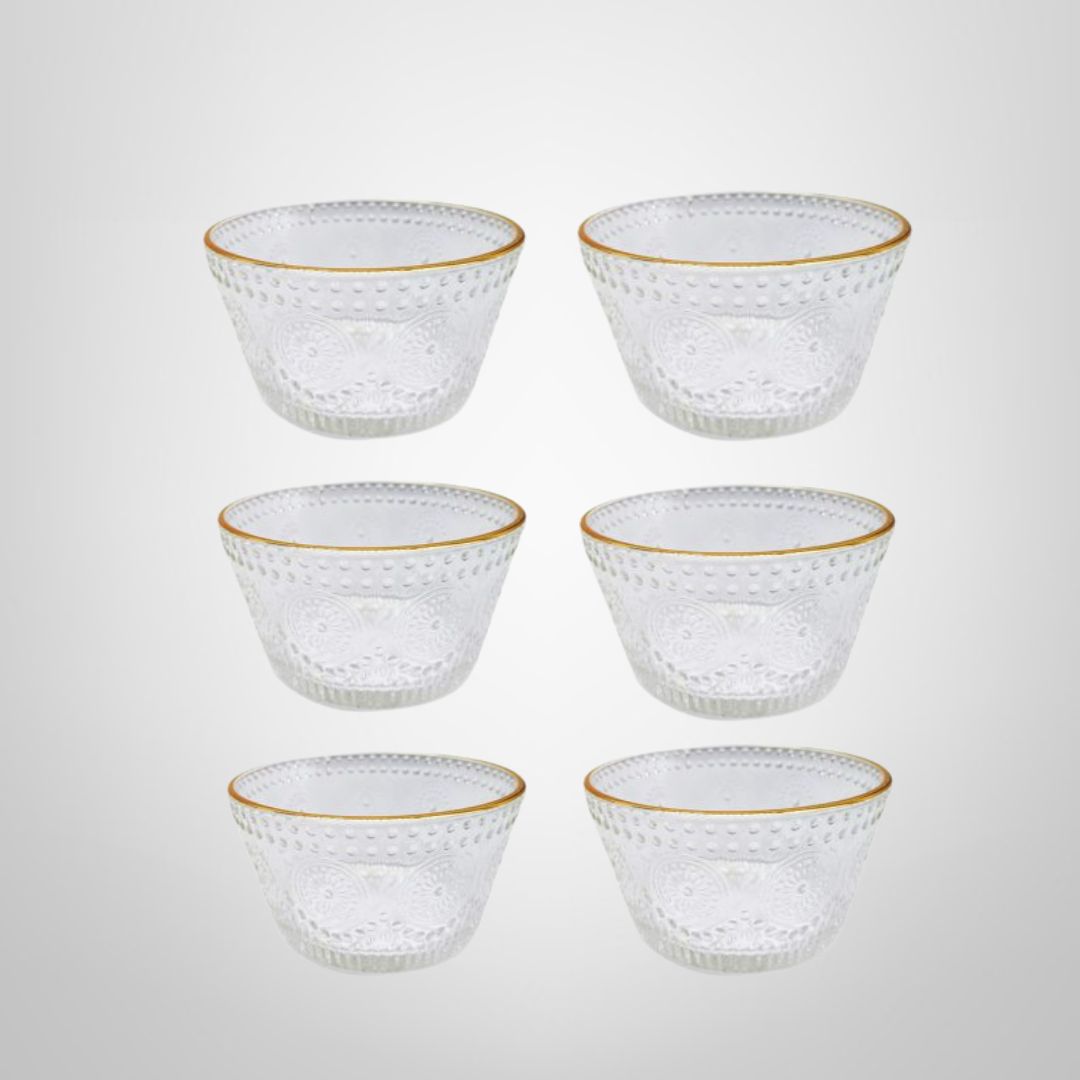 Juego x6 Compoteras de Vidrio Labradas c/Borde Dorado 6x12cm