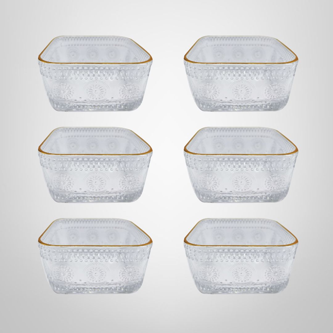 Juego Bowls de Vidrio Cuadrados Labrados c/Borde Dorado x6
