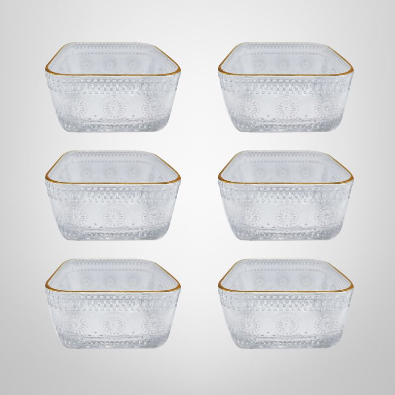Juego Bowls de Vidrio Cuadrados Labrados c/Borde Dorado x6