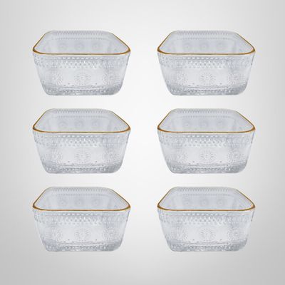 Juego Bowls de Vidrio Cuadrados Labrados c/Borde Dorado x6