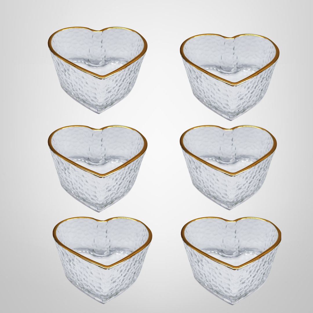 Juego Bowls de Vidrio Corazon Labrados c/Borde Dorado x6